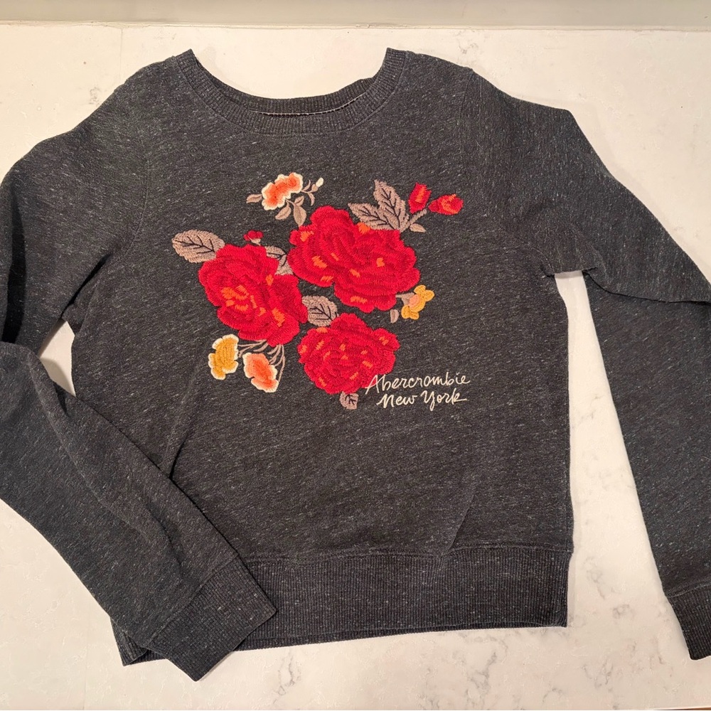 Abercrombie & Fitch Charcoal Sweater with Red and Orange Floral Design